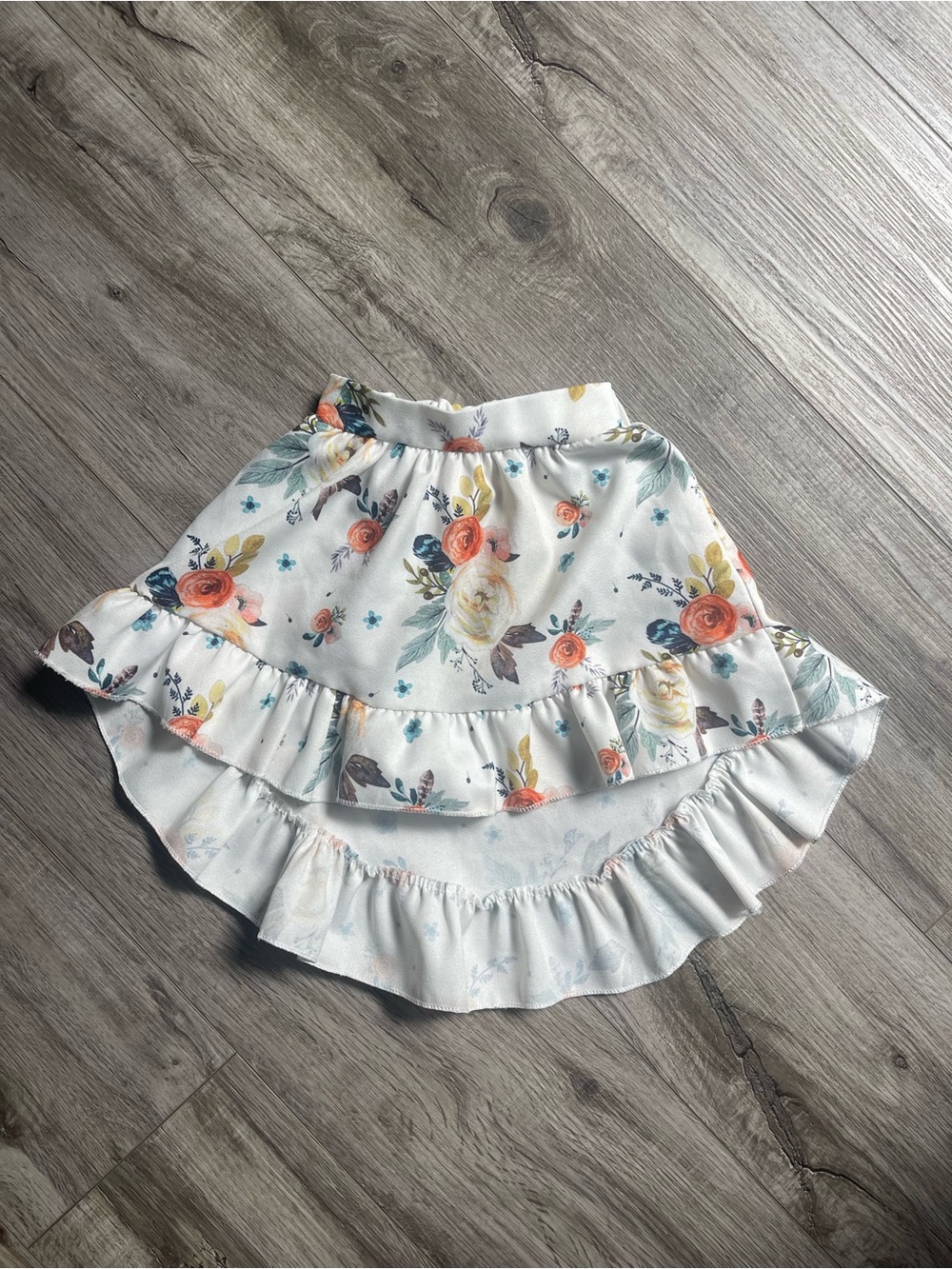 Floral Ruffled High-Low Skirt in White with Coral and Teal Blooms